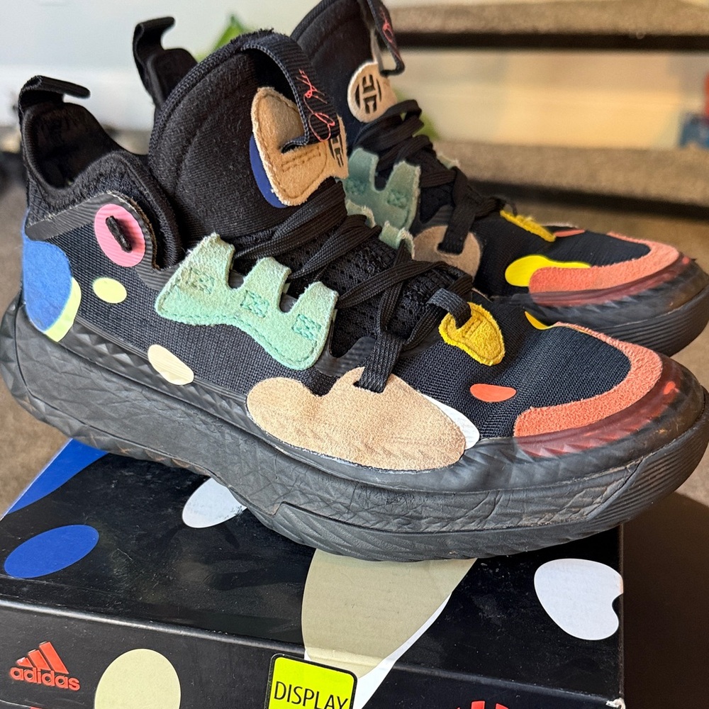 Kids Adidas James Harden Vol. 5 FutureNatural Black w Multicolor Spots Size 3.5